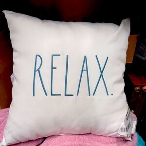 Rae Dunn White/light blue letters “Relax” Pillow w: umbrella print on back NWT
